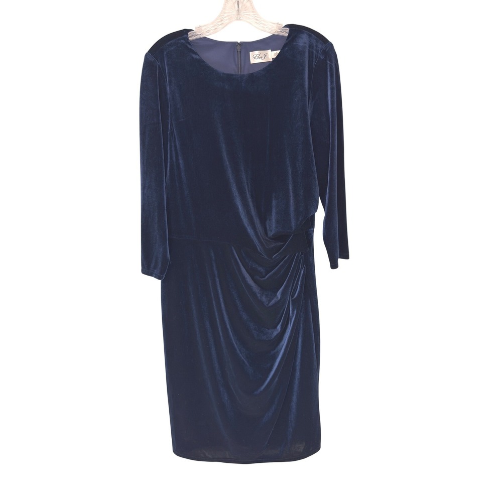 Eliza J Dress Blue Velvet Ruched Long Sleeve Formal Evening Cocktail Hour 16‎